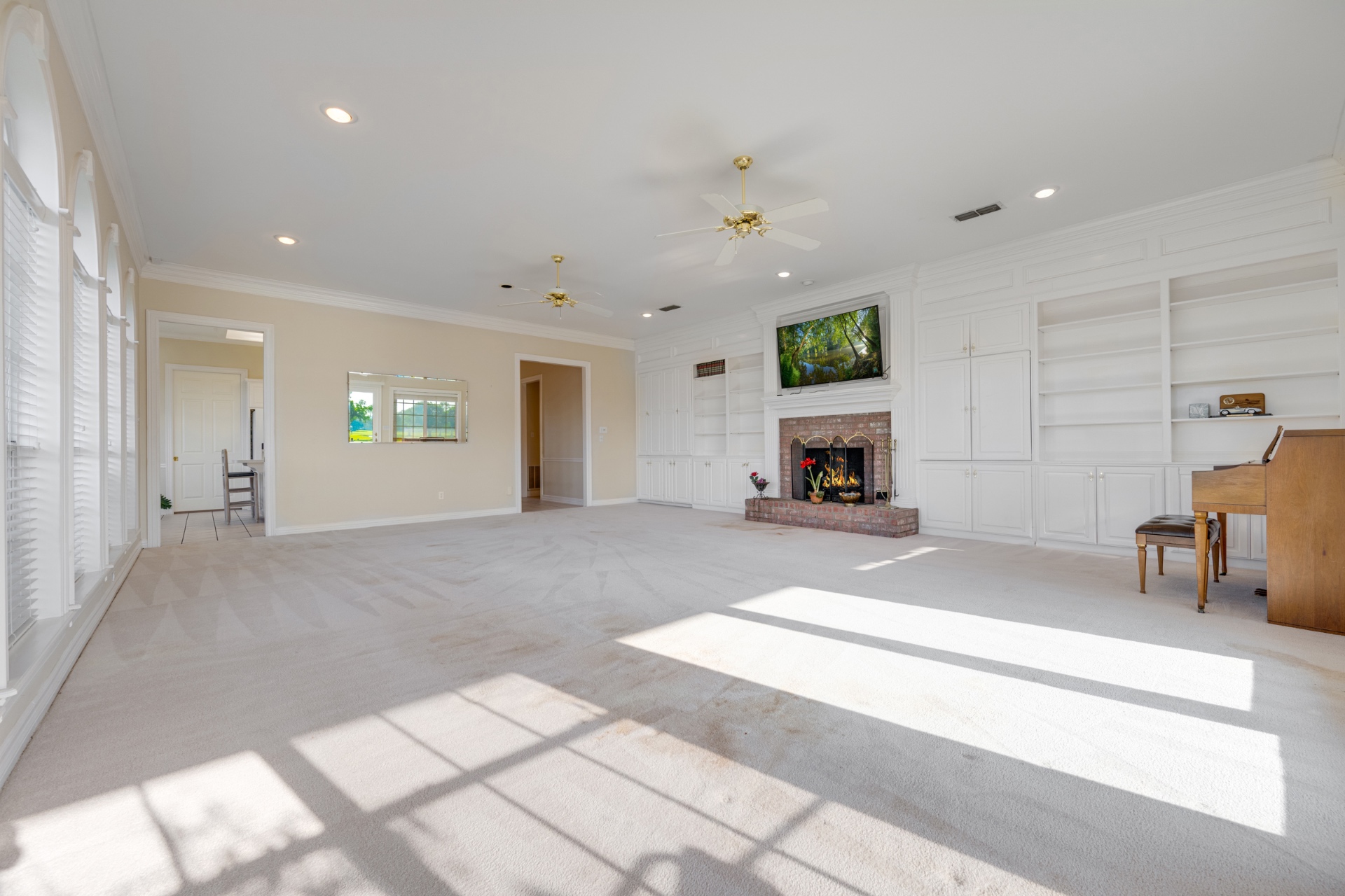 Family room with fireplace and built-ins